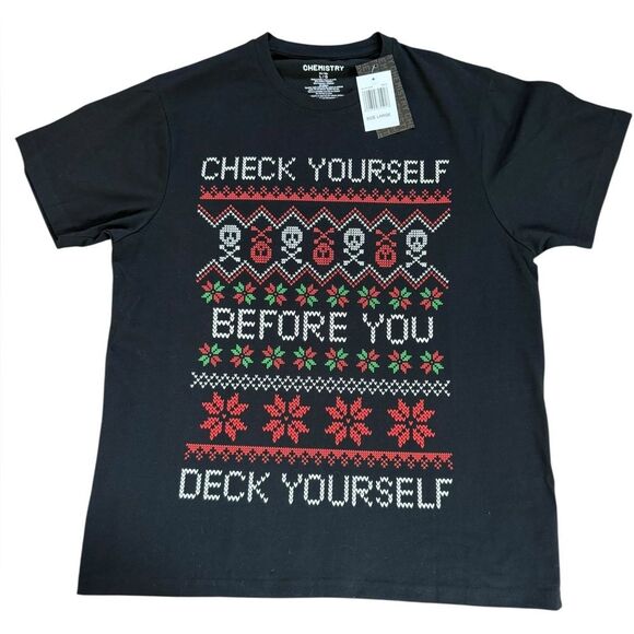 Chemistry Check Yourself Before You Deck Yourself Christmas Tee Shirt Men Large - Picture 1 of 6